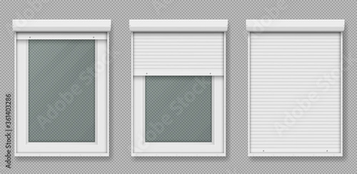 Plastic window with rolling shutter isolated on transparent background. Vector realistic set of closed and open roller up for glass window, white metal blind for office or shopfront