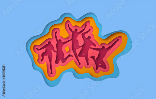 Layered papercut people group in jumping pose