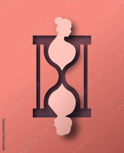 Paper girl aging to old woman sand clock concept