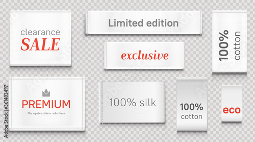 Cloth labels for apparel, premium brand white tags with crown symbol, limited edition textile badges, isolated silk and cotton eco fabric clothing, clearance sale, Realistic 3d vector illustration
