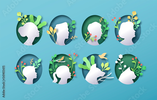 Big family paper cut people tree portrait set