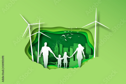 Family walking together in papercut green city
