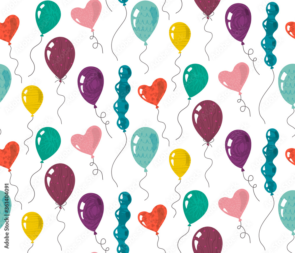 Vector seamless pattern with doodle balloons with hand drawn texture.