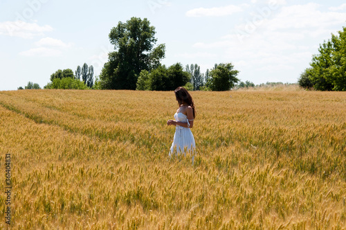 agriculture and people. beautiful woman in white dress stand in wheat field with spikelet. touching spikelet in cereal field. young girl in field. Ukrainian farm in countryside. ranch girl walking. © altana_studio