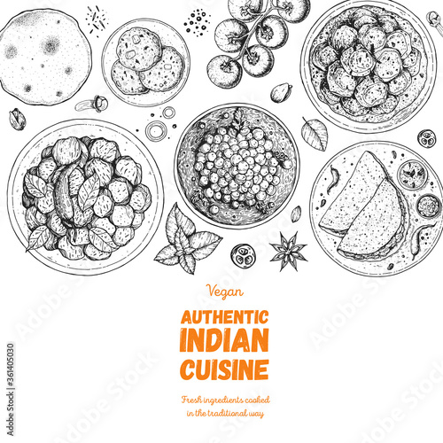 Indian food illustration. Hand drawn sketch. Indian cuisine. Doodle collection. Vector illustration. Menu background. Engraved style. Dish set with Indian thali, naan bread, palak paneer, vada pav.