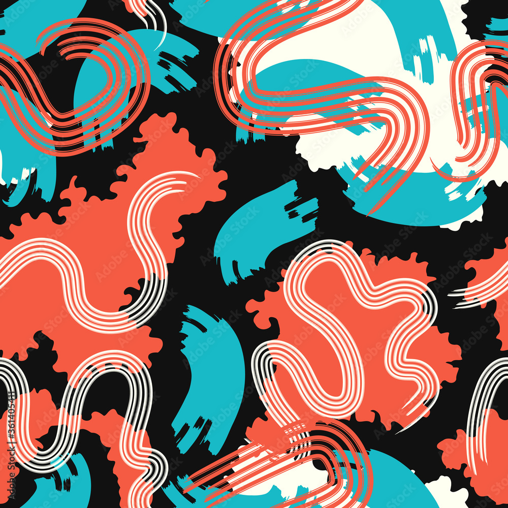 vector rough colorful freeform and lines brush overlap seamless pattern on black