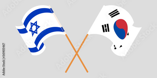 Photo Crossed and waving flags of Israel and South Korea