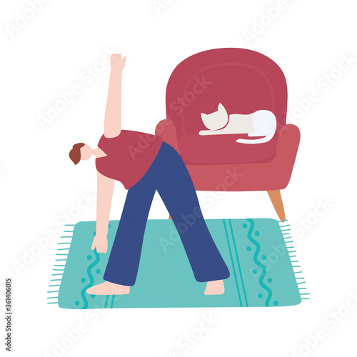 stay at home, man practicing yoga in room, self isolation, activities in quarantine for coronavirus