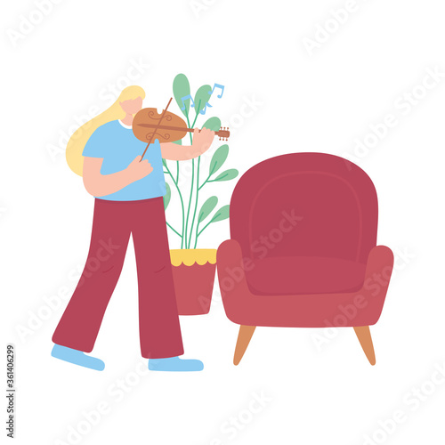 stay at home, girl with fiddle chair and plant, self isolation, activities in quarantine for coronavirus