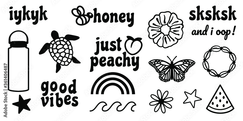 Trendy VSCO girls clip art set. VSCO girls quotes and symbols. Waves,  monarch butterfly, sea turtle, hydroflask, rainbow, hair scrunchie and  other. Vector set. Stock Vector | Adobe Stock