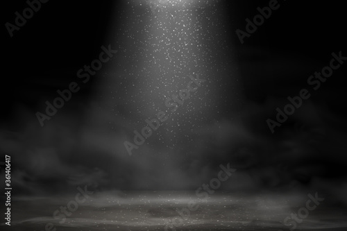 Stage light, white glitter lights effect with rays, beams and falling glittering dust on floor. Shiny spotlight for stage. Spotlight illuminated smoke with fog on a dark background. Illuminated design