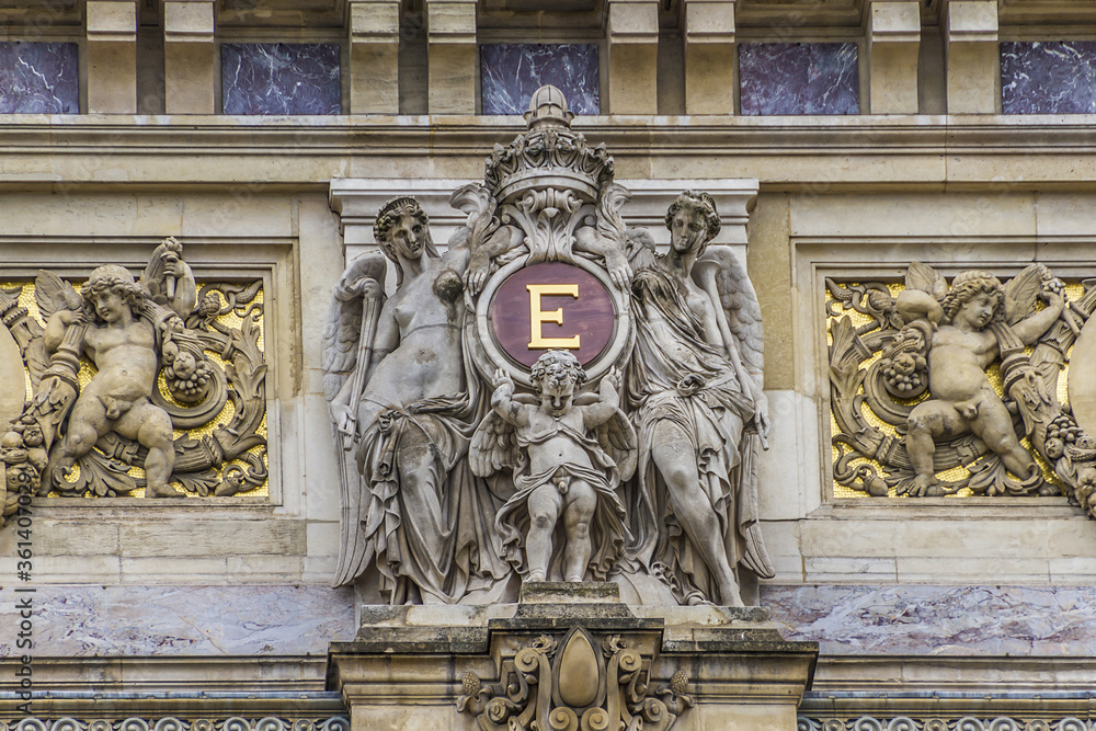 Architectural details of Opera National de Paris. Grand Opera (Garnier Palace, 1875) is famous neo-baroque building in Paris, France; UNESCO World Heritage Site.