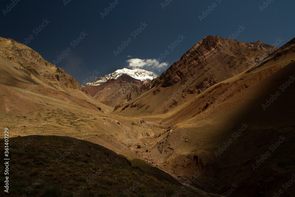 Seven summits. Mountaineering. Dramatic view of the highest peak in America, mountain Aconcagua. 