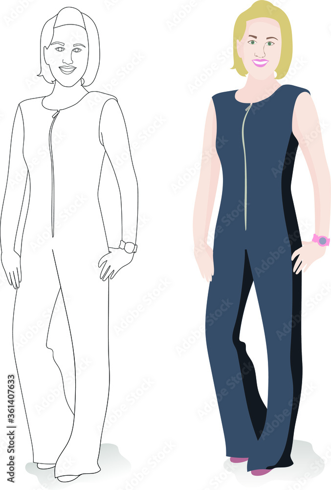 Stylish drawing, girl model in a fancy jumpsuit, smiling. Shopping as a lifestyle. Street fashion. Vector color illustration and line-art contour Stylish drawing, girl model in a fancy jumpsuit, smiling. Shopping as a lifestyle. Street fashion. Vector color illustration and line-art contour