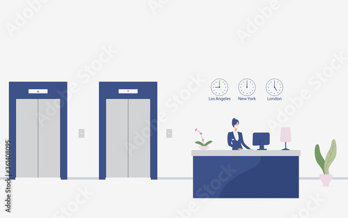Woman receptionist in protective mask behind workplace in hotel or bank lobby. Interior of modern reception desk in waiting room, hall or corridor with lifts in business office.eps10 flat illustration