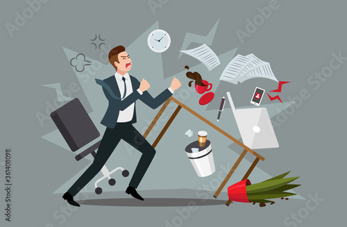 Stress at workplace. Furious businessman experiencing nervous breakdown or professional burnout at office, throwing furniture and yelling, vector illustration in flat style