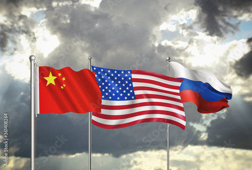 Flags of China, United States of America and Russia, gloomy clouds in the background, 3D illustration