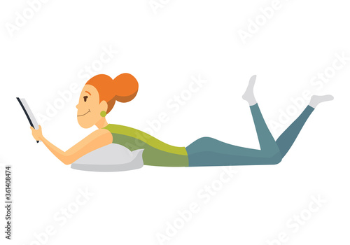 Home leisure. Girl lying and reading book. Young people leisure time. Staying at home. Enjoyed leisure time alone