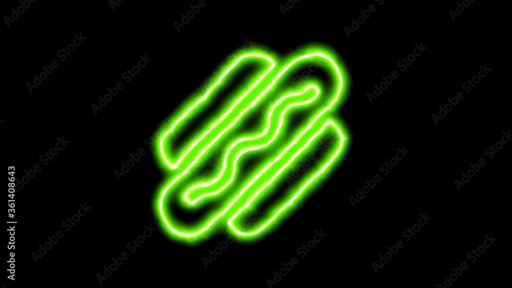 The appearance of the green neon symbol hotdog. Flicker, In - Out. Alpha channel Premultiplied - Matted with color black The appearance of the green neon symbol hotdog. Flicker, In - Out. Alpha channel Premultiplied - Matted with color black