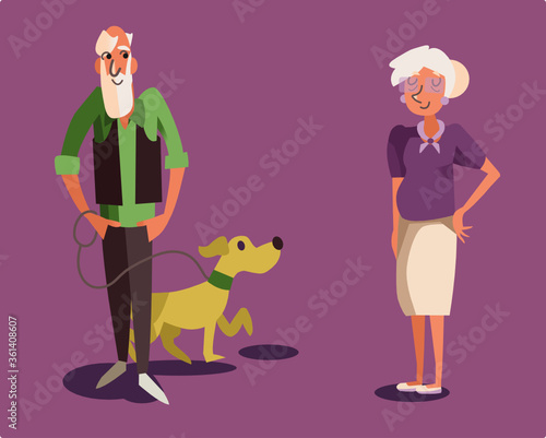 ute illustration of old man with white beard and funny pet dog in love with older woman in glasses. Fashionable stylish Sinior citizens have active social life and go out together