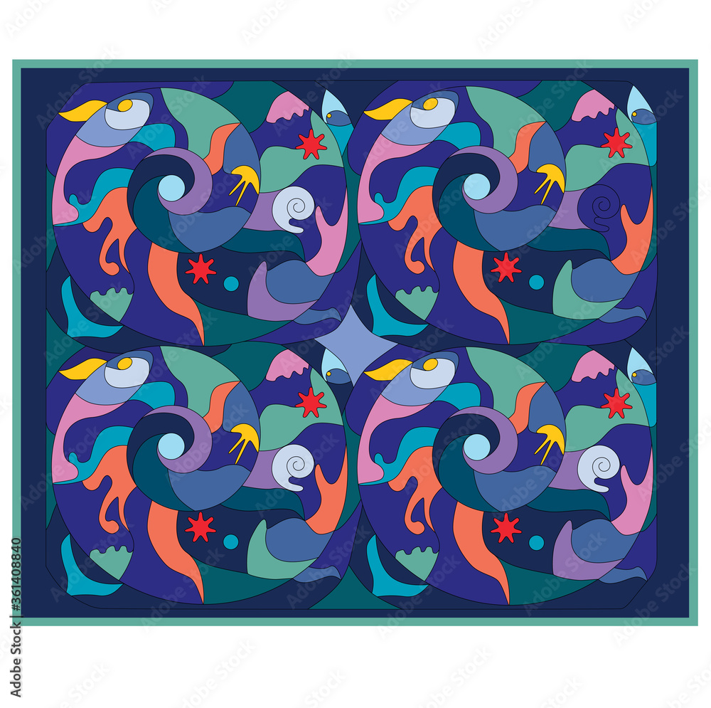 Obraz premium Flora and fauna of the ocean. Undersea world. Mosaic. Illustration for book, calendar, banner.