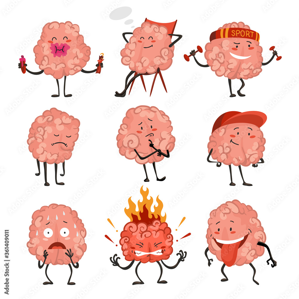 Brain character emotion. Brain characters making sport exercises and different activities design. Funny cartoon emoticons Brain character emotion. Brain characters making sport exercises and different activities design. Funny cartoon emoticons