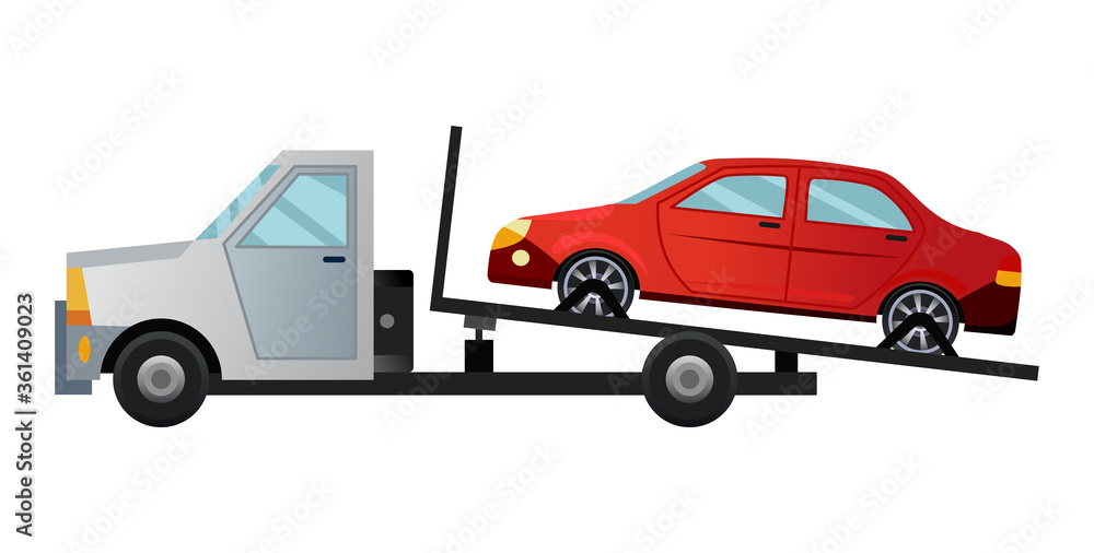 Tow truck. Cool flat towing truck with broken car. Road car repair service assistance vehicle with damaged or salvaged car Tow truck. Cool flat towing truck with broken car. Road car repair service assistance vehicle with damaged or salvaged car