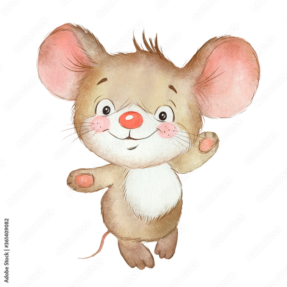 Watercolor illustration of a little mouse, cartoon animal, red mouse, baby card, pet Watercolor illustration of a little mouse, cartoon animal, red mouse, baby card, pet