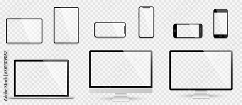 Realistic set computer, laptop, tablet and smartphone. Device screen mockup collection. Realistic mock up computer, laptop, tablet, phone with shadow- stock vector. photo