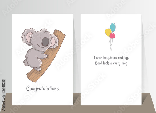 Cute koala holding tree. Hand drawn doodle poster template with airballs. Cute cartoon bear character photo