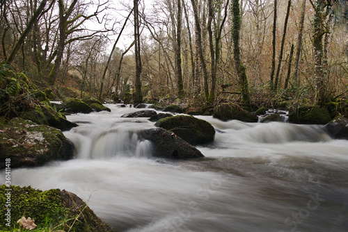 Streams and rapids of river in long exposure in Galicia
