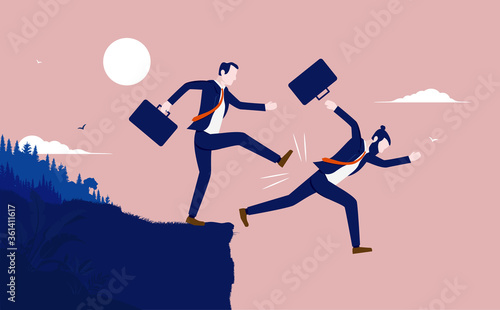 Fired businessman - Manager kicking person off cliff. Demotion, laid-off and dismissed concept. Vector illustration.