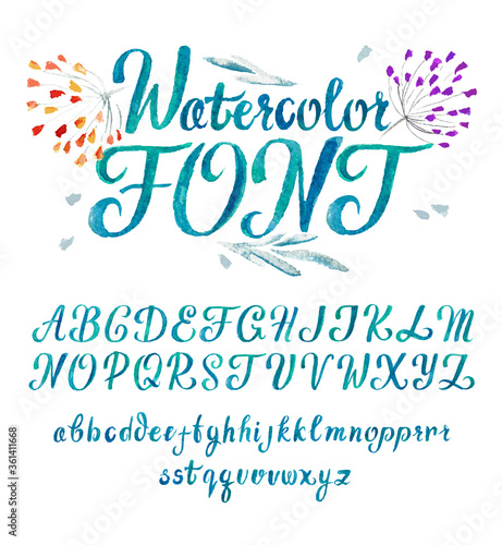 Watercolor font Lettering typography. Isolated Vector set