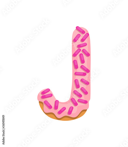 Cartoon cookies font. Vector letter baking in colored glaze. Creative gingerbread typography design. Childhood sweet donut. Letter J