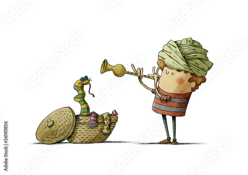 boy with a turban on his head plays the flute and a snake-shaped sock comes out of a dirty laundry basket. isolated photo