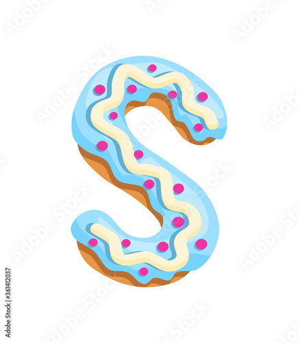 Cartoon cookies font. Vector letter baking in colored glaze. Creative gingerbread typography design. Childhood sweet donut. Letter S