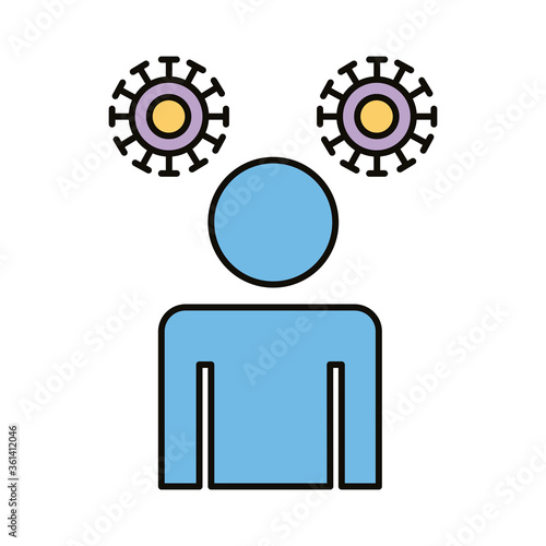 human figure with covid19 particles distance social line and fill style