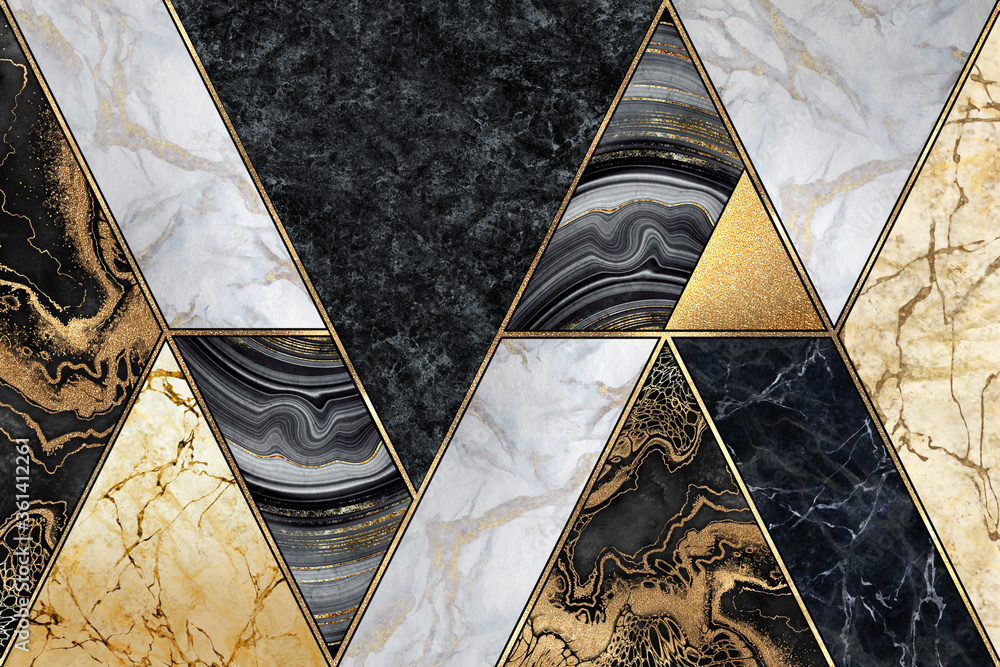 abstract marble mosaic background, art deco wallpaper, artificial stone  texture, black white gold marbled tile, geometrical fashion marbling  illustration Stock Photo | Adobe Stock