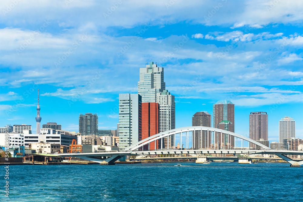 Arch bridge of Tsukiji Ohashi on the Sumida river crossed by Kanni Street with the skyscrapers of the Tsukiji district and the Tokyo Skytree tower in the background.