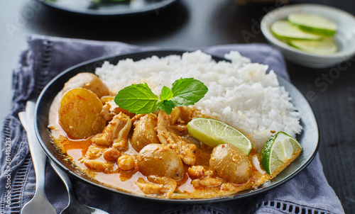 thai massaman curry on plate with jasmine rice and lime wedge photo