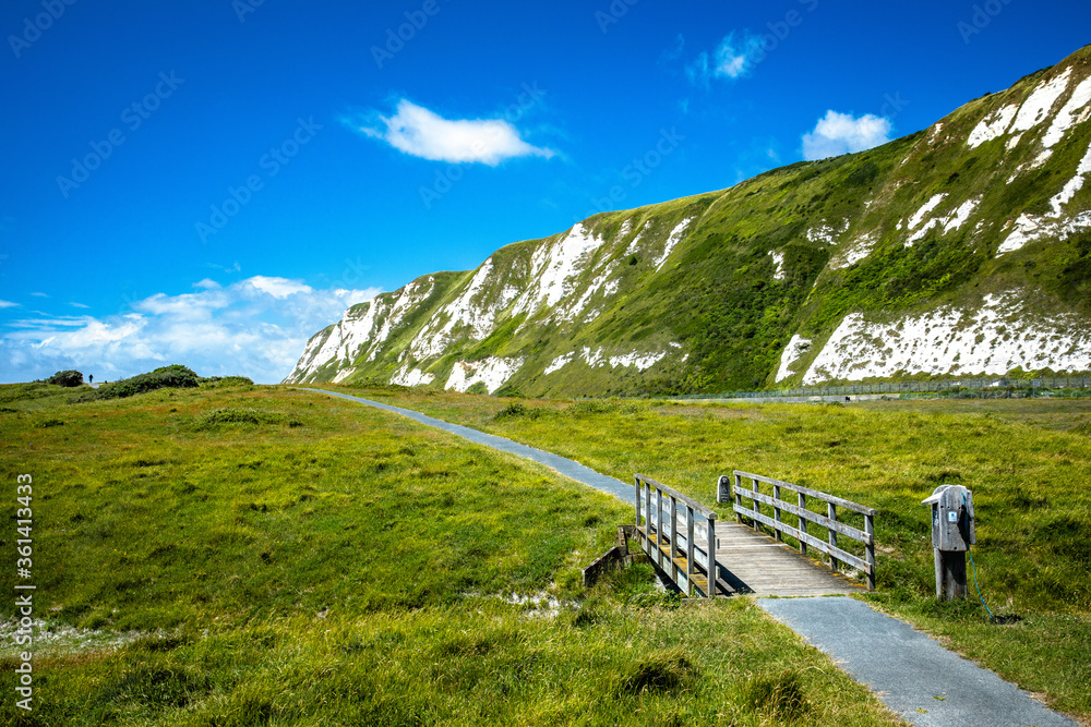 Scenic view of Samphire Hoe Country Park with white cliffs, south England