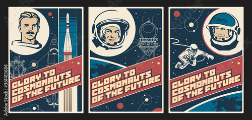 Glory to Cosmonauts of the Future, Old Soviet Space Propaganda Posters Stylization, Astronauts, Space Rocket launch, Spacecraft Drawings, Outer Space, Globe