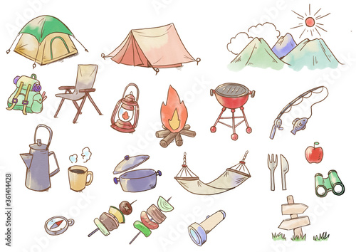 水彩キャンプイラストセット