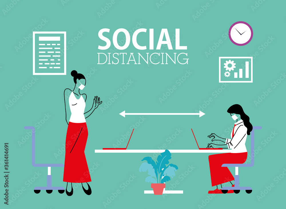 Social distancing between women with masks at office desk vector design Social distancing between women with masks at office desk vector design