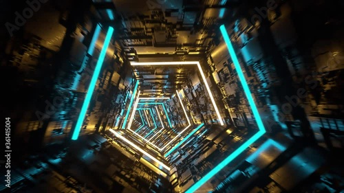 4K seamless loop flying into spaceship corridor, sci-fi spaceship tunnel. Futuristic technology abstract seamless VJ for tech titles and background. Motion graphic for internet, speed. 3D Rendering photo