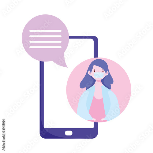 social distancing, smartphone woman with protective mask chatting, covid 19 coronavirus