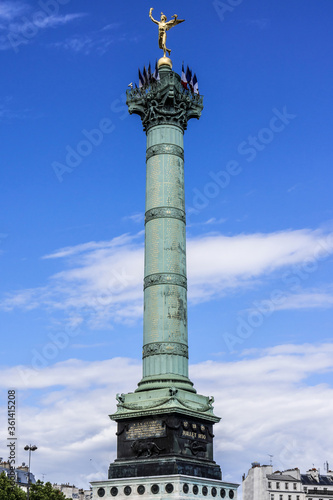 July Column (1840) at Bastille Square with gilded statue "Genie de la Liberte". Bastille Place is a square in Paris, where Bastille prison stood until "Storming of Bastille" during French Revolution.