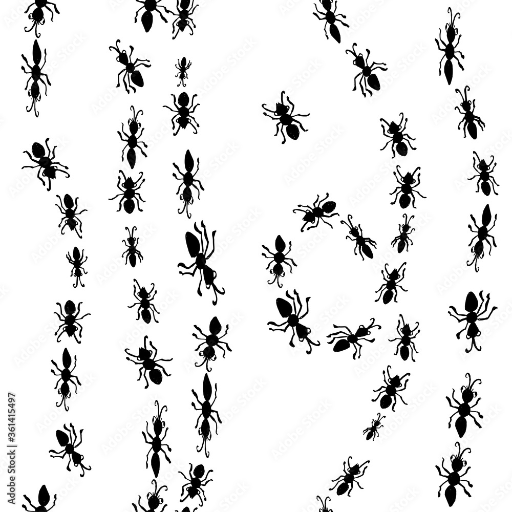 Seamless hand drawn pattern with ants.