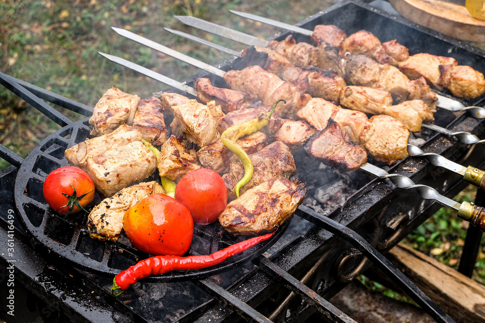 Meat skewered and vegetables grill. Cooking hot tasty kebab, pepper and tomatoes vith smoke.