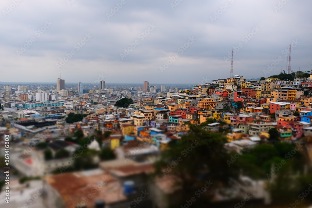 Selective focus, miniature by Tilt-shift. view to colorful houses on Santa Ana hill in Guayaquil, Ecuador. Selective focus Selective focus, miniature by Tilt-shift. view to colorful houses on Santa Ana hill in Guayaquil, Ecuador. Selective focus